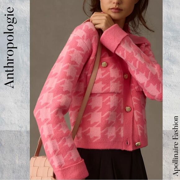 ENGLISH FACTORY FOR ANTHROPOLOGIE HOUNDSTOOTH CROPPED CARDI SWEATER IN PINK MED - Picture 4 of 9